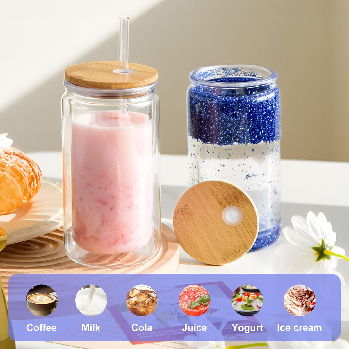 FECBK 4 Pack Acrylic Snow Globe Tumbler with Bamboo Lids and Straws 16 oz Plastic Snowglobe Tumbler with Pre Drilled Hole Clear Double Wall Snowglobe Cups for Snow Globe Glitter DIY