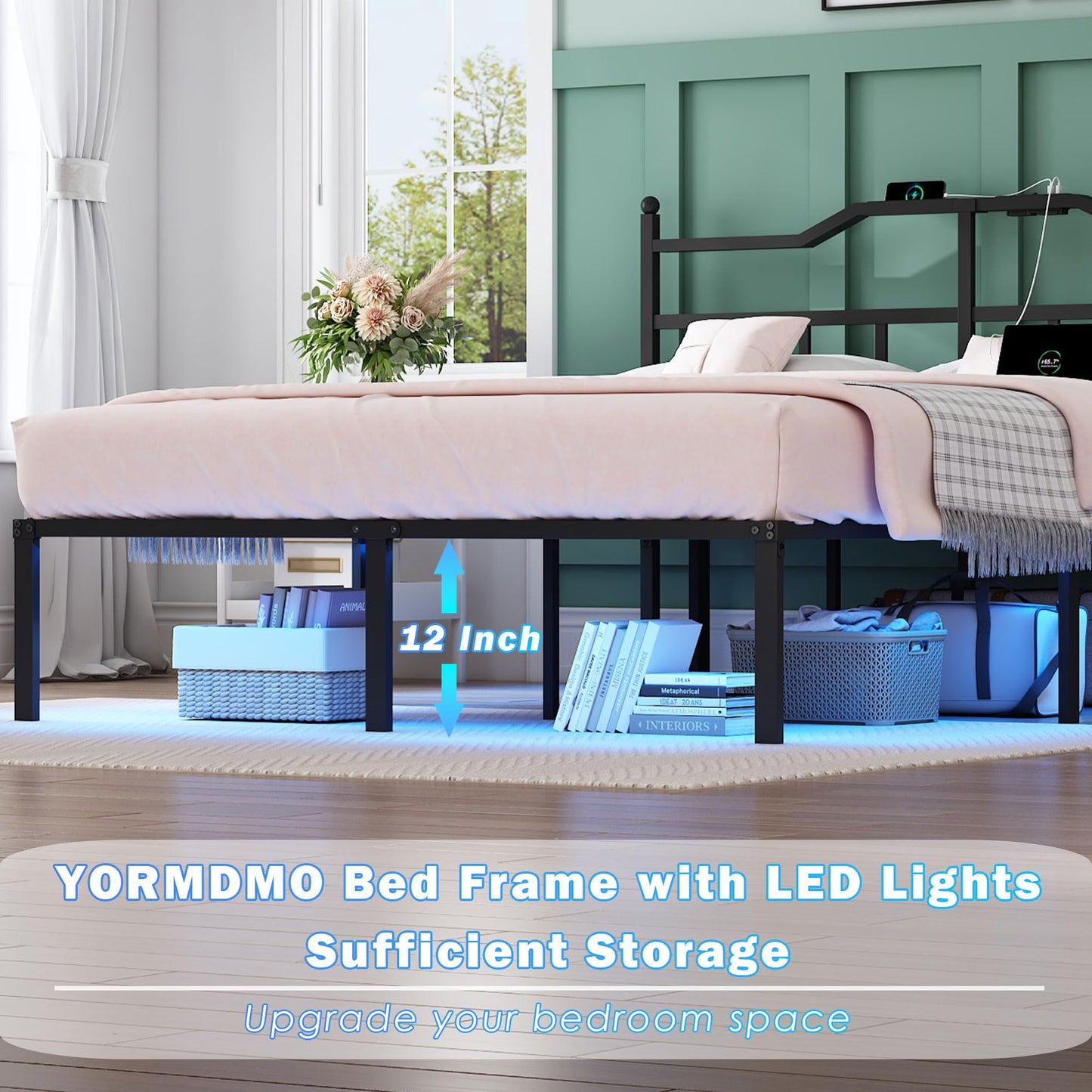 YORMDMO Full Bed Frame with LED Lights, 14 inch Metal Bedframe with Headboard, Outlets & USB, Heavy Duty Basic Steel Slats Platform, Noise Free, No Box Spring Needed