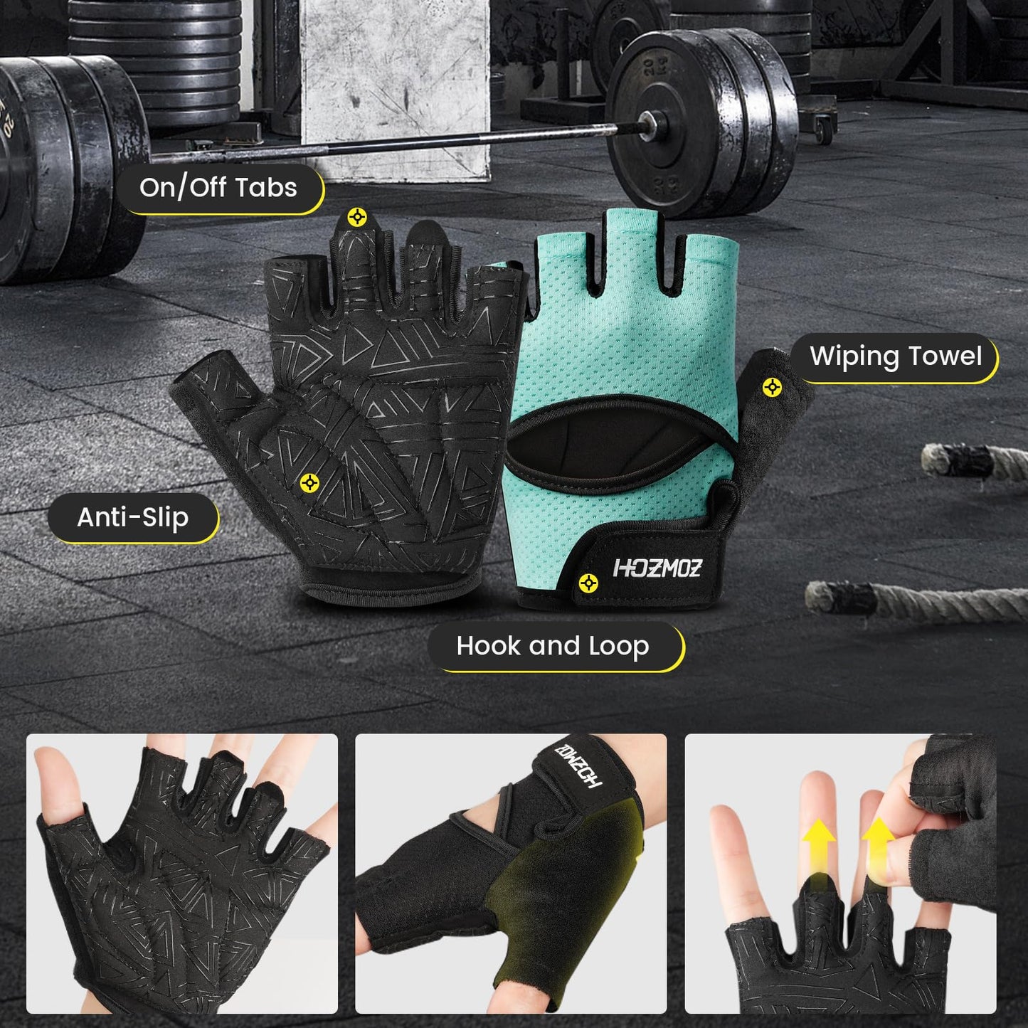 HOZMOZ Ventilated Weight Lifting Gloves, Thick Padded Workout Gym Gloves with Full Palm Protection & Grip & Shock Absorption for Women & Men's Fitness Exercise Training