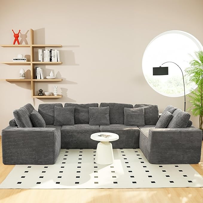 SEENYOO 135.5" Cloud Sectional Couch,Boneless Corduroy Sofa for Living Room,Oversized U Shaped Sofa with Chaise,Deep Seat,No Assembly Required,Modular Sectional Sofa（Grey）
