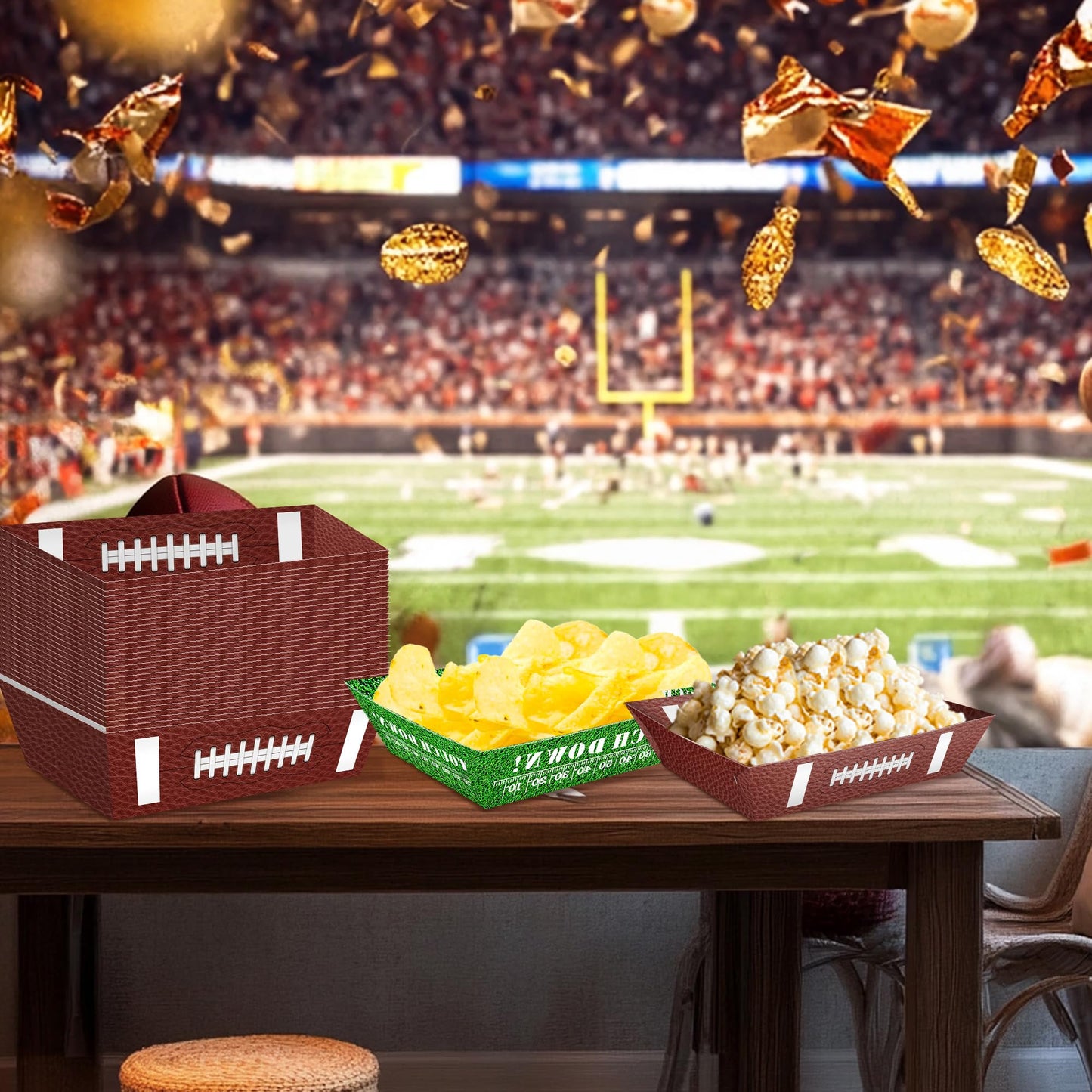 50 Pcs Football Party Decorations, Disposable Food Tray for Super Bowl, Snack Trays, Large Serving Boats for Birthday, Tailgate & Sports Theme Events – 2 Designs