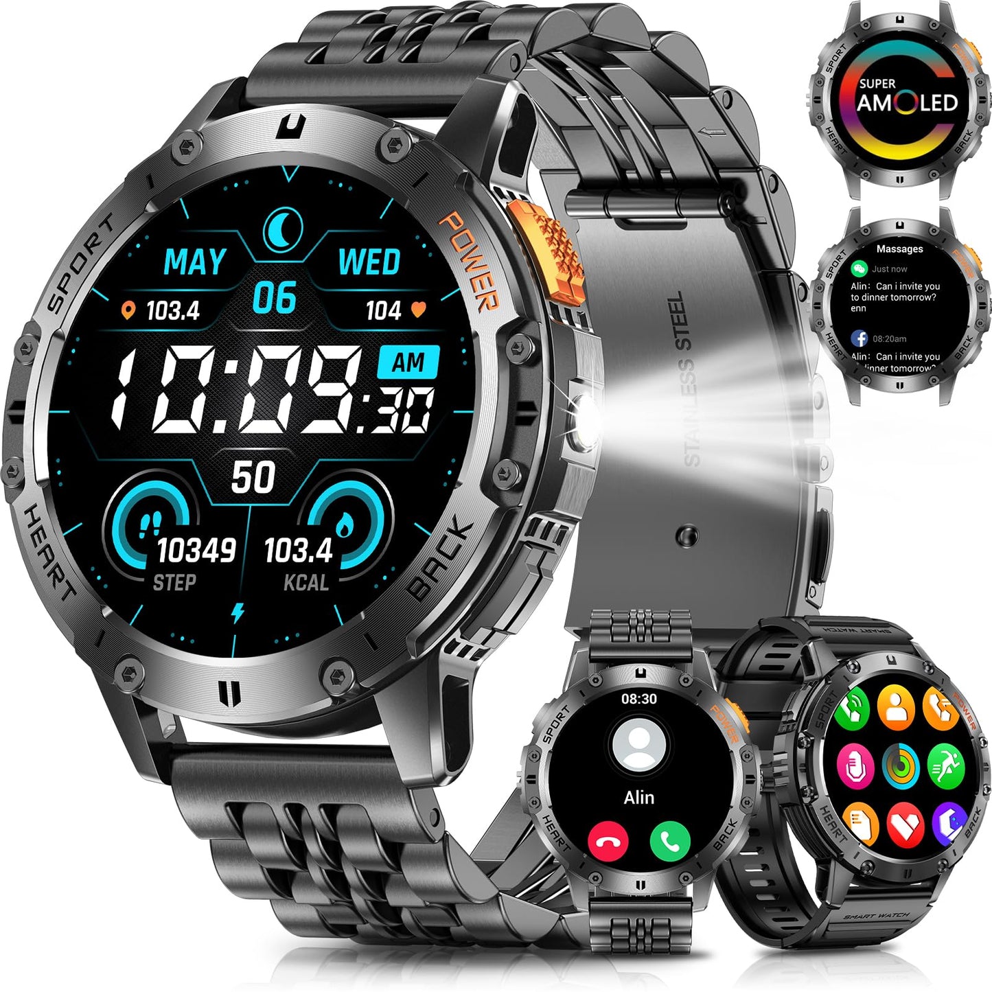 PODOEIL Military Smart Watches for Men with Bluetooth Call, 1.43" AMOLED Waterproof Smartwatch with Flashlight, 111 Sport Modes, 530mAh Heart Rate/SpO2/Sleep Monitor Fitness Tracker for Android iOS