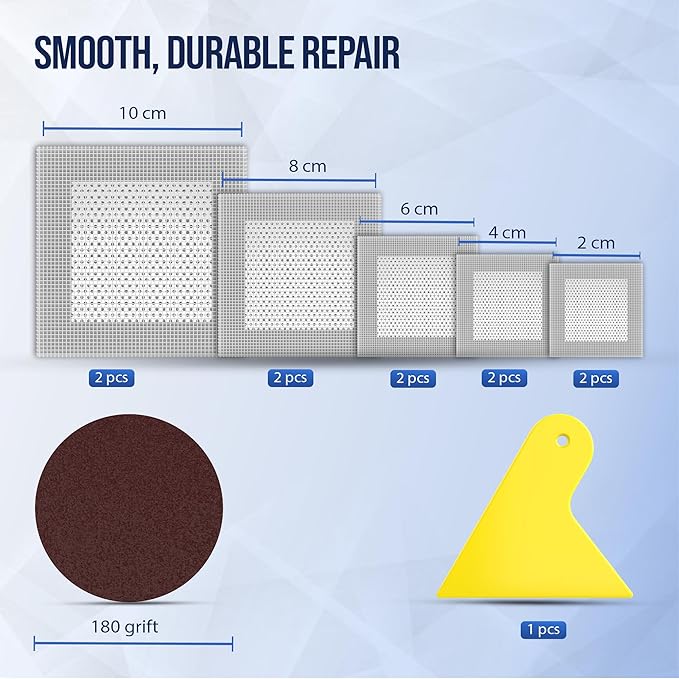 Wall Patch Repair Kit–10 Multi-Size Aluminum Mesh Patches (2″4″6″8″10″) with Scraper & 2 P180 Sandpapers| Drywall Hole Patch Kit for Sheetrock, Plaster&Ceiling Repair |Durable Self-Adhesive Value Pack