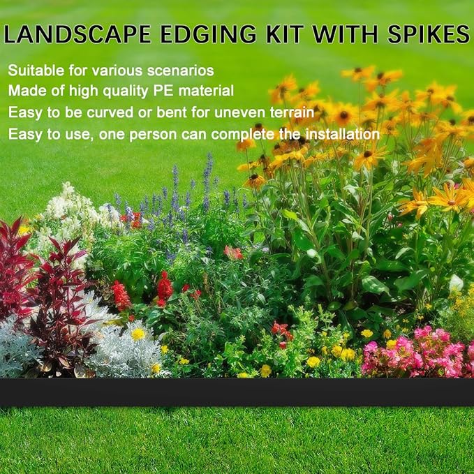 Garden Edging, 82FT Plastic Landscape Edging with 125 Pcs Metal Spikes, 3 Inch Tall Flexible Tool-Free Lawn Edging for Flower Bed, Yard, Paving, Pathway