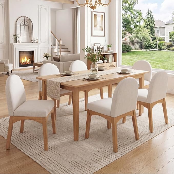 DUOMAY Modern Dining Chairs Set of 6, Mid Century Linen Fabric Upholstered Dining Room Chairs Kitchen Chairs with Solid Rubberwood Legs, Armless Accent Side Chairs, Beige