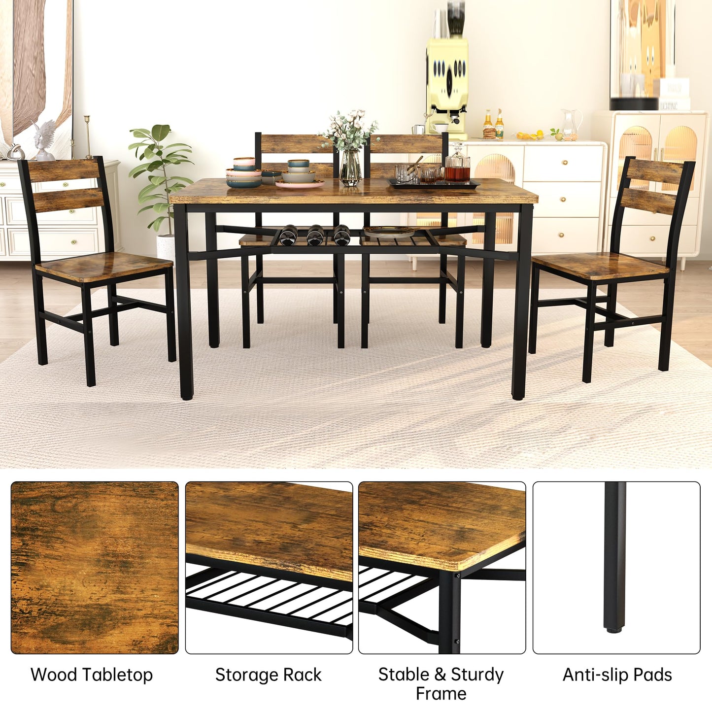 Hooseng Dining Table Set for 4, Wood Kitchen Table Chairs Set with Storage, Farmhouse 5 Piece Dining Room Table Set, Space-Saving Dinette Set for Breakfast Nook, Apartment
