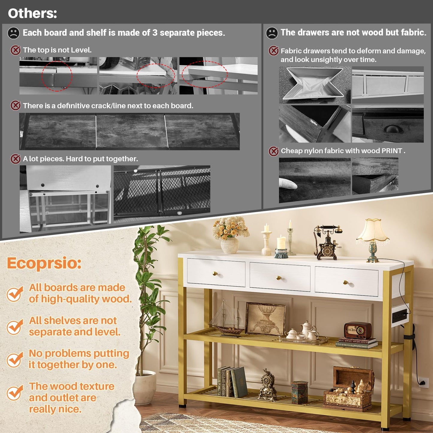 Ecoprsio 47'' Entryway Table with Outlets and USB Ports, Console Table with 3 Drawers, Sofa Table Narrow Long with Storage Shelves for Living Room, Couch, Hallway, Foyer, White and Golden