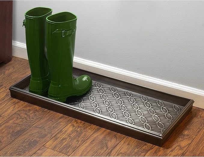Good Directions Medium Boot Tray, Double Circles Multi-Purpose All Weather Decorative Tray, Shoes, Plants, Pet Bowls, 30x13x2 Inch, Dark Zinc Gray Steel