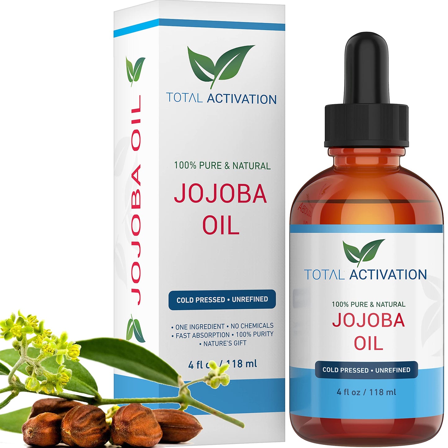 Total Activation Organic Jojoba Oil for Skin, Hair & Nails, 100% Pure Natural Unrefined Cold Pressed, Natural Face Moisturizer,