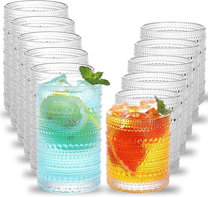 Moretoes Hobnail Drinking Glasses Set of 12, 12 Oz Highball Glasses & 10 Oz Cocktail Glasses, Clear Embossed Boho Glass Cu...
