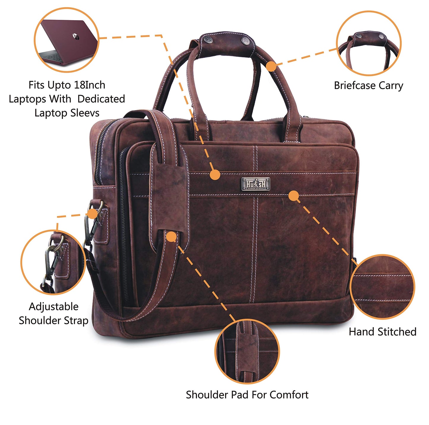 18 Inch Genuine Leather Briefcase for Men and Women, Vintage Messenger Bag, Large Laptop Shoulder Satchel, Professional Business Office Work Bag with Luggage Strap, Handcrafted, Dark Brown