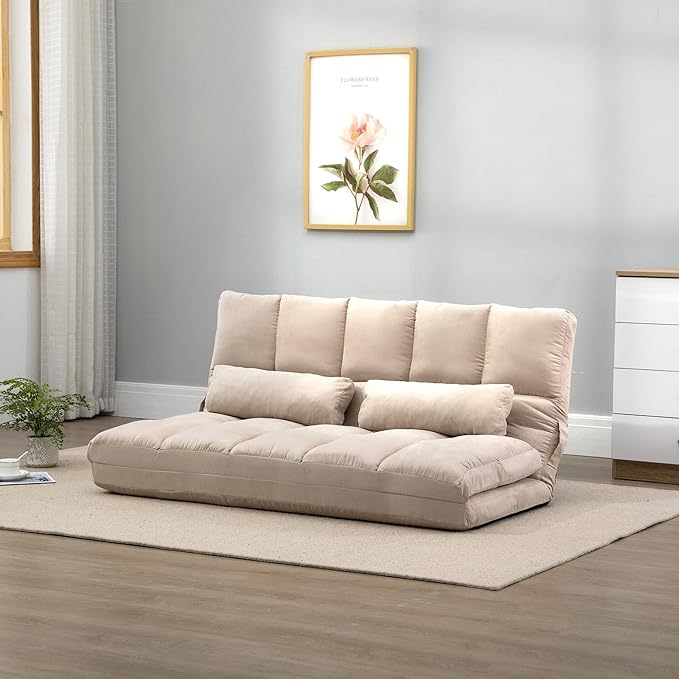 HOMCOM Convertible Floor Sofa Chair, Folding Couch Bed, Guest Chaise Lounge with 2 Pillows, Adjustable Backrest and Headrest, 51.25" L, Beige