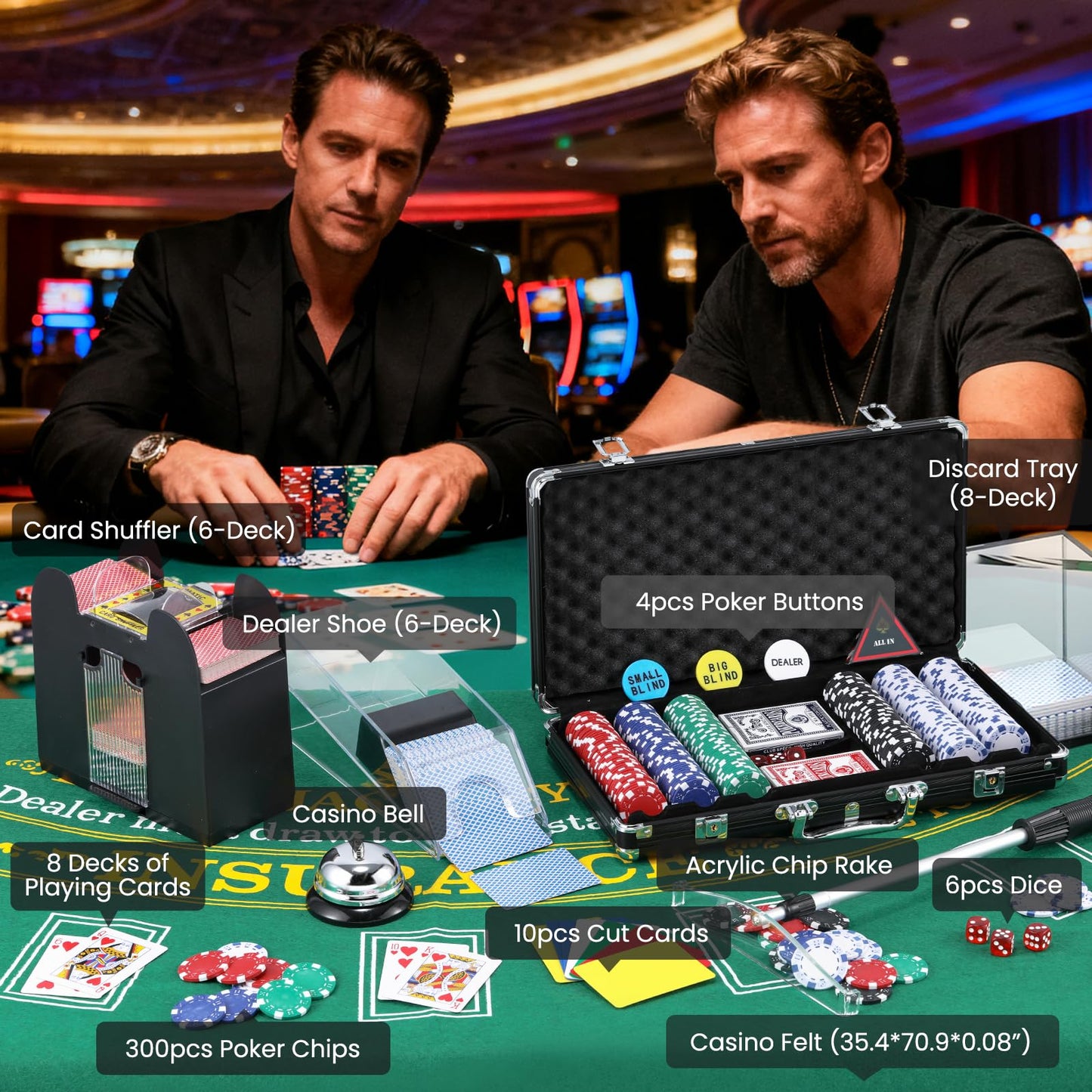 NEWTRY Blackjack Set, Complete Black Jack Set with Card Shuffler, 300pcs Chips, Poker Mat, Card Shoe, Chip Rake, Discard Tray, 8 Playing Cards, Bell, Dice, Cut Cards and 4 Buttons for Party Game Night