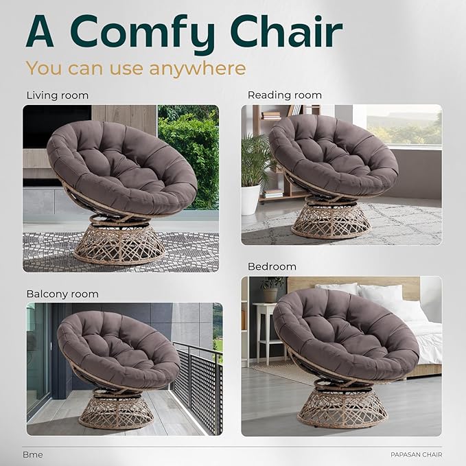 Bme 40" Ergonomic Wicker Papasan Chair with Soft Thick Cushion & Frame, 360° Swivel, Circle, Reading, Comfy Chair for Living Room, Bedroom