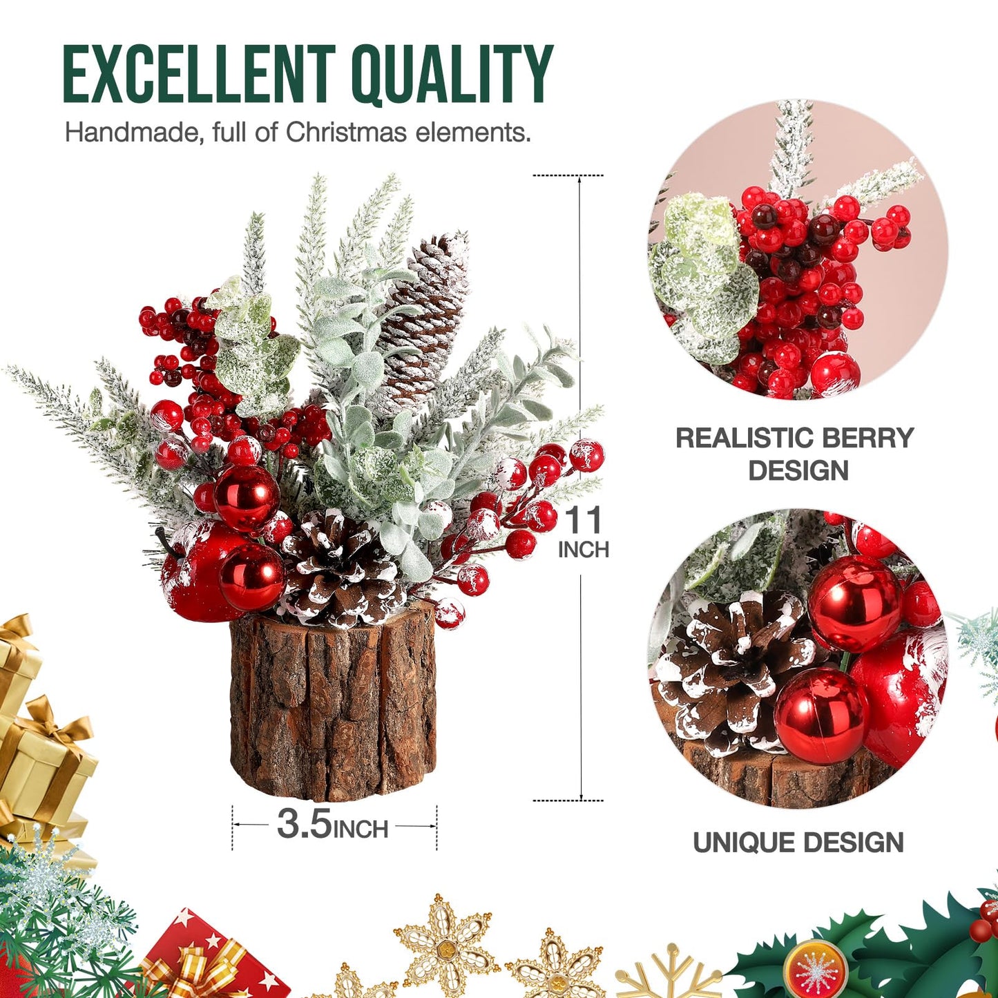 Hatisan Small Christmas Tree with Christmas Ornaments Pine Cone Berry, Tabletop Artificial Christmas Tree for Christmas Decorations Home Room Party Winter Indoor Outdoor(2 Pack Red-Round)