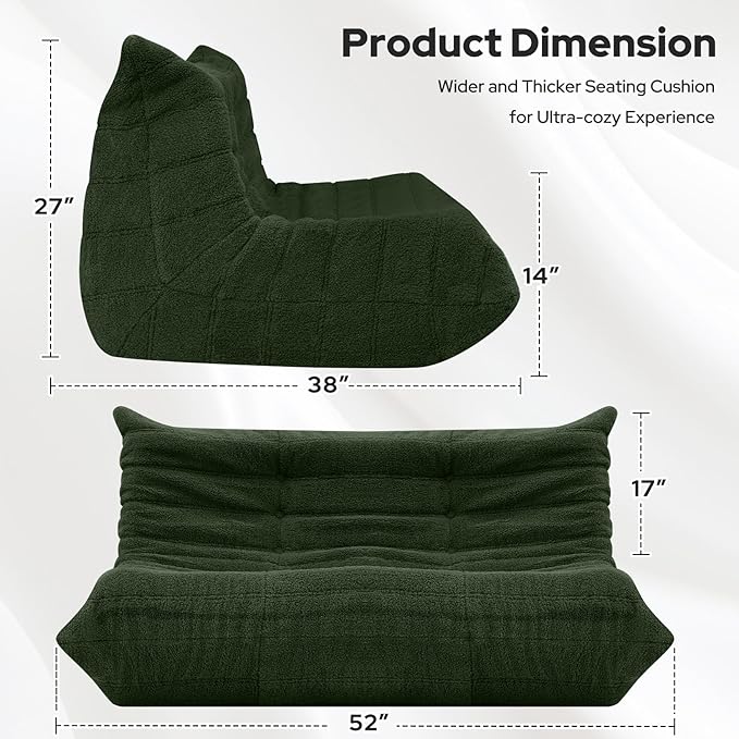 HABUTWAY Bean Bag Chairs Fireside Lazy Floor Sofa, Soft Teddy Fleece 2 Seater Sofa with High-Resilience Foam Filling，Beanbag for Living Room, Bedroom, Office (Green Teddy)