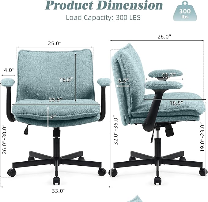 Kassipo Criss Cross Legged Office Chair with Wheels and Flip-Up Arms, Upholstered Criss Cross Desk Chair, Wide Seat Chairs for Home Office, Vanity, Apartment, Light Green