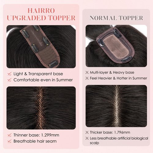 Hairro Human Hair Topper with Wispy Bangs, Clips on 360° 3D Cover Real Hairpieces Lightweight, 2.25"x6" Base for Women with High Hairline/Thinning Hair, 8 Inch Natural Black Bangs
