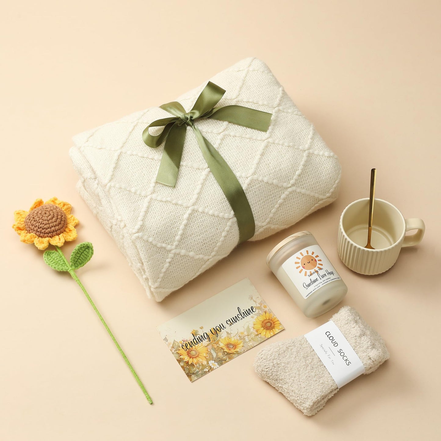 Self Care Gifts for Women - Luxury Package with 50"x70" Cozy Knitted Blanket, Fuzzy Socks, Soy Candle, Sunflower Decor | Birthday, Thinking of You, Get Well Gifts | Mom, Girlfriend, Best Friend