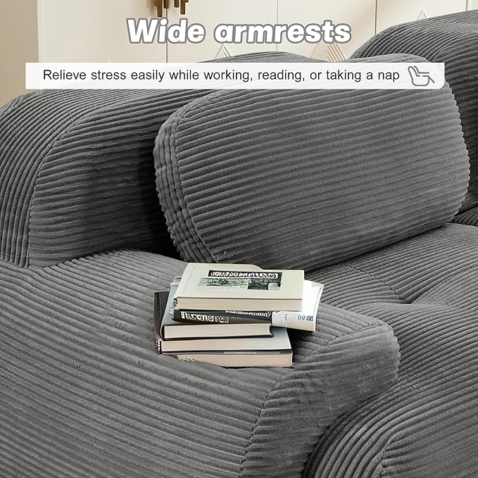SoarFlash 81” Sectional Cloud Boneless Sofa Couches for Living Room-2 Seater L-Shaped Modern Lounge Couch-No Assembly Modular Corduroy Convertible Sponge Sleeper Sofas with Chaise for Home House,Grey