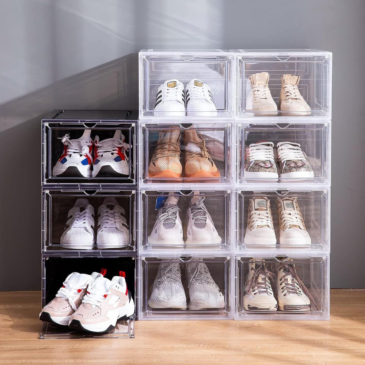Attelite Shoe Box Organizer,Set of 6,Stackable Plastic Shoe Box with Clear Door, Shoe Storage Box Containers,For Display Sneakers,Easy Assembly,Fit up to US Size 12(13.4”x 10.6”x 7.4”)