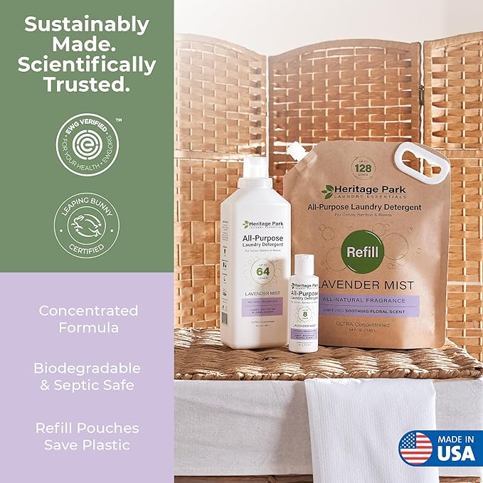 Heritage Park Luxury Laundry Detergent | Dermatologist Tested Plant based Natural & Enzyme Laundry Detergent | Sensitive Skin Friendly - Lavender Mist (64 fl oz Refill)