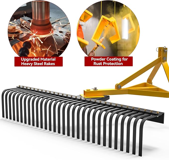 YITAMOTOR 3 Point Landscape Rock Rake for Category 1, 5 FT Attach Tractor Rake with 360 Degree Rotation, Tow-Behind Lawn Garden Tool Attachment for Compact Tractors