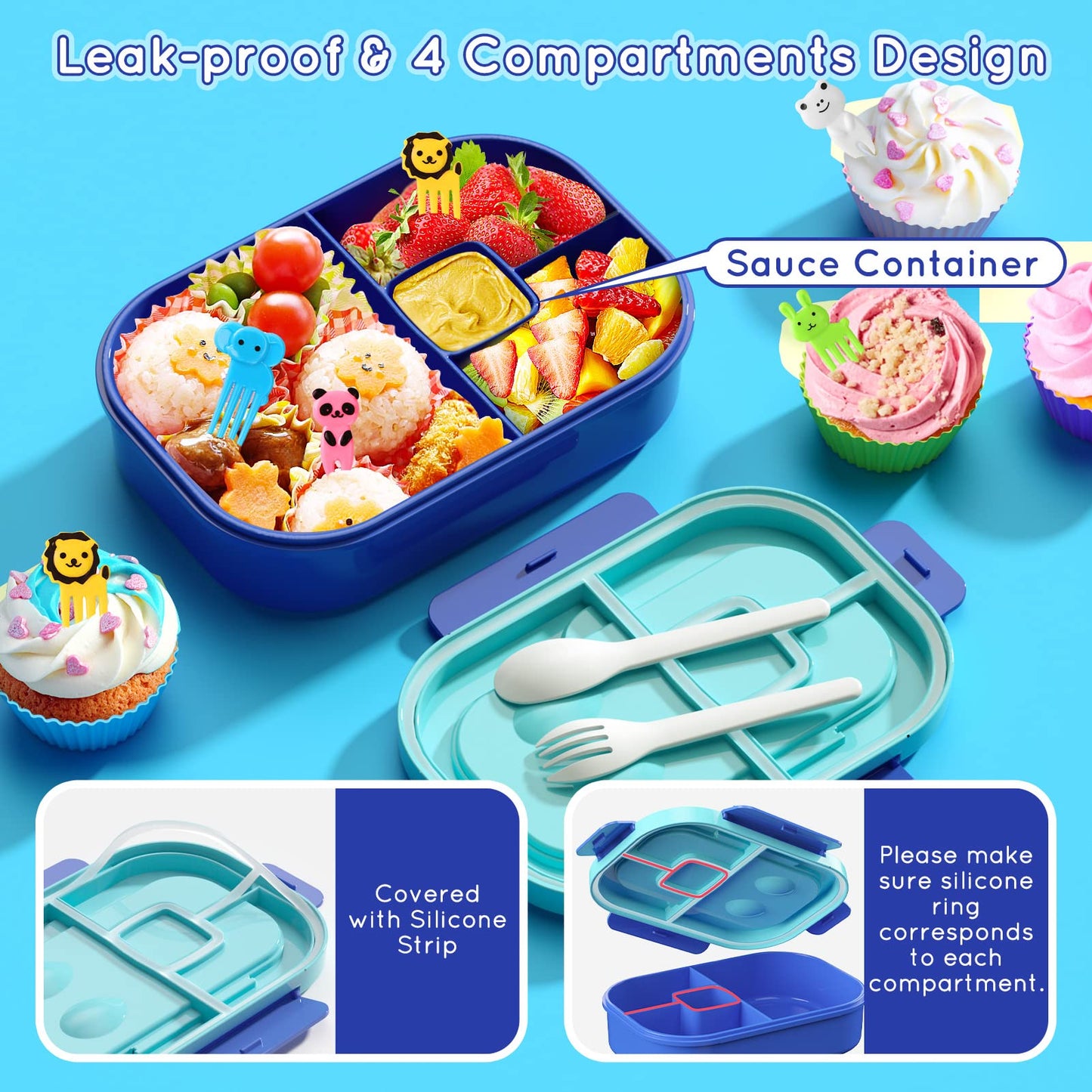 TIME4DEALS Kids Bento Lunch Box Leakproof Lunch Box with 4 Compartments Lunch Containers with Tableware Kids Bento School Lunch Boxes with Container 44oz, Microwave Dishwasher Freezer Safe (Blue)