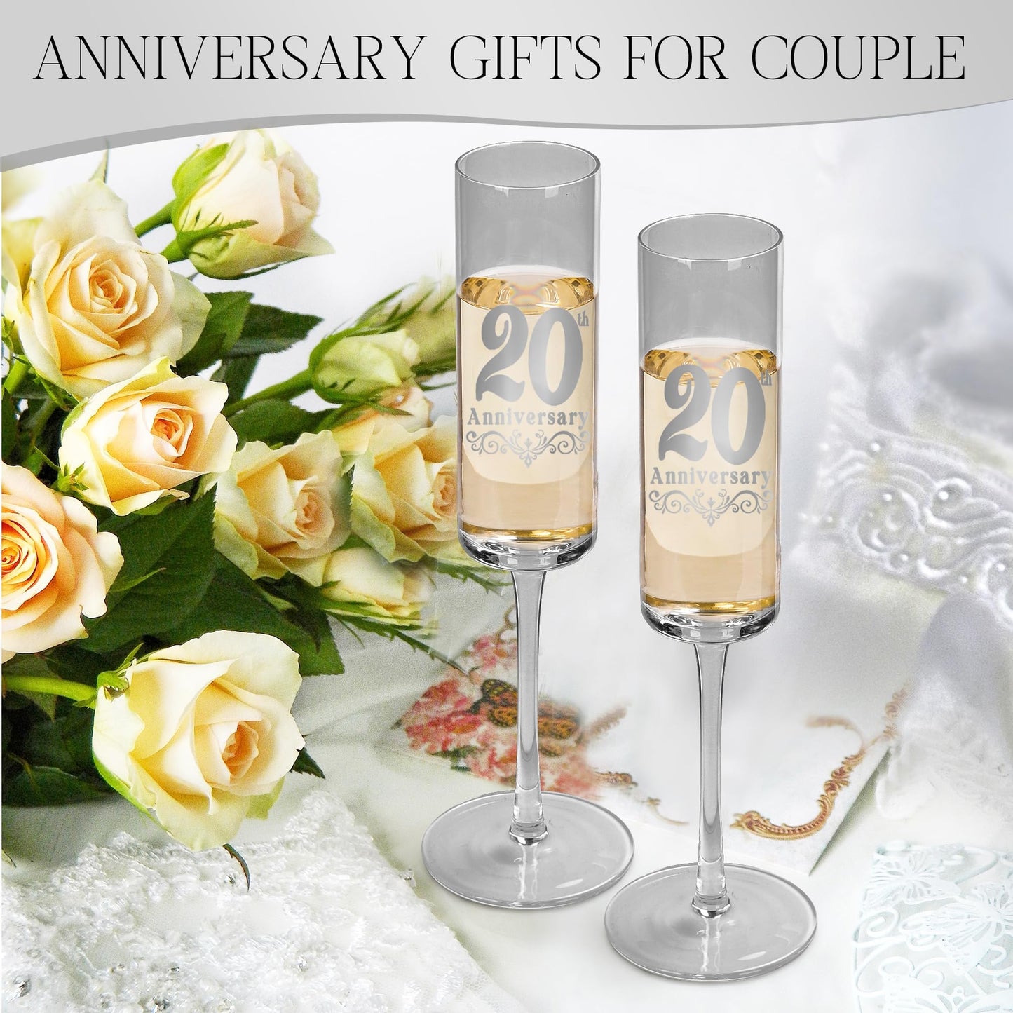 JNDJE 20th Gifts Wedding Anniversary for Couple, 20th Anniversary Champange Glasses, 20th Wedding Anniversary Champange Flute Gift for Him/Her, 20 Years of Anniversary Present