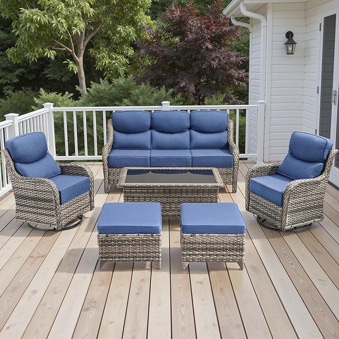 Rilyson Wicker Outdoor Patio Furniture Set - 6 Piece Patio Conversation Sets with Swivel Rocker Chairs, Ottomans, Sofa and Coffee Table, 6 inch Cushions, Deep Seating, for Porch Deck Mixed Grey/Blue