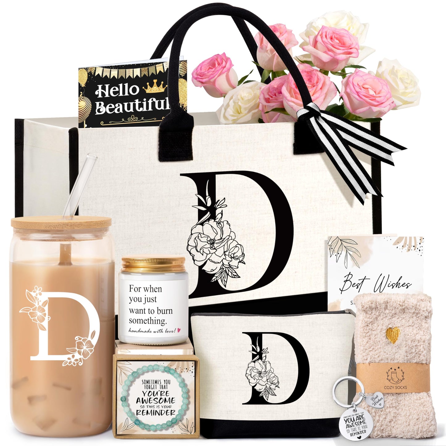 Birthday Gifts for Women, Monogrammed Initial Gift for Teacher Wife Mom, Tote Bag,Glass Cup Gift Basket Personalized Christmas Mother's Teacher Appreciation Day,D