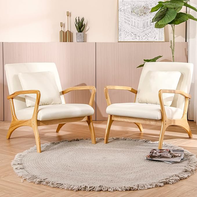 ELUCHANG Accent Chair with Lumbar Pillow,Mid-Century Modern Accent Chair Armchair, Linen Fabric Comfy Reading Chair Lounge Side Chair for Living Room Bedroom Apartment,Easy Assembly(Beige,2PCS)