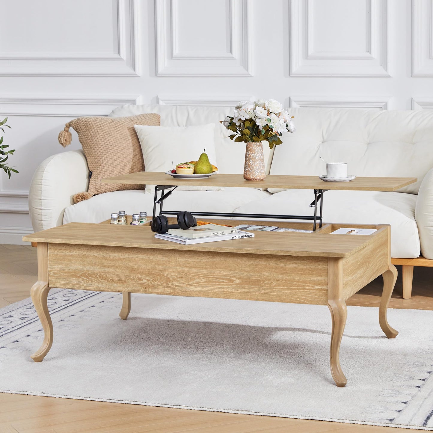 QEIUZON Lift Top Coffee Table, Farmhouse Coffee Table with Hidden Storage, Wood Center Table Dining Table for Living Room, Apartment, Home Office (Natural)