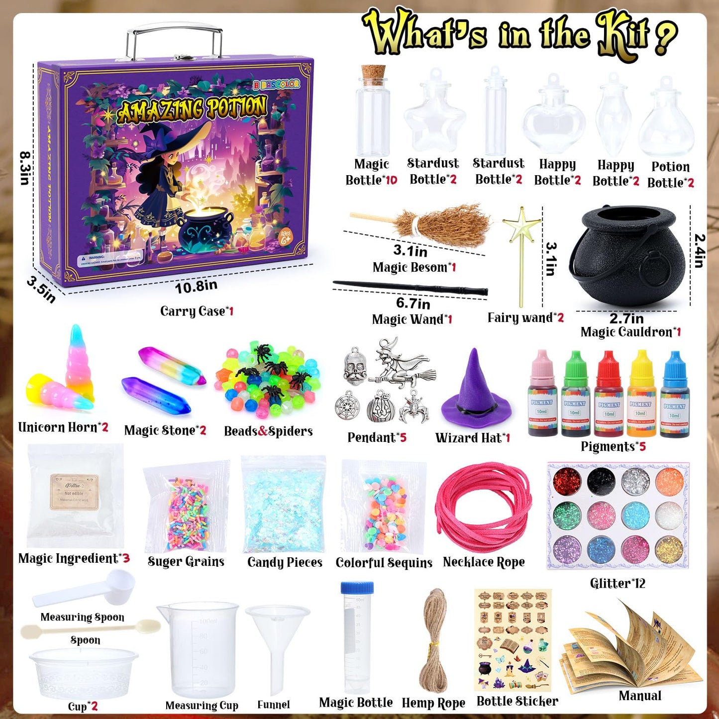 B Bascolor Potion Kits for Kids Girls Toys, 20 Magic Themed Witch Mix Potion Bottles/Cauldron/Magic Carry Case, Kids Potion Making Kit, Halloween Christmas Birthday gifts for girls kid age 6 7 8-10-12