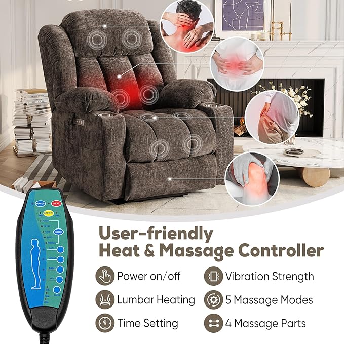 ABCASA Large Power Lift Chairs Recliners for Elderly Set of 2 with Heated and Massage, Upgraded Chenille Lift Chairs Recliners, USB-A and USB-C, Cup Holder, Side Pocket, Brown