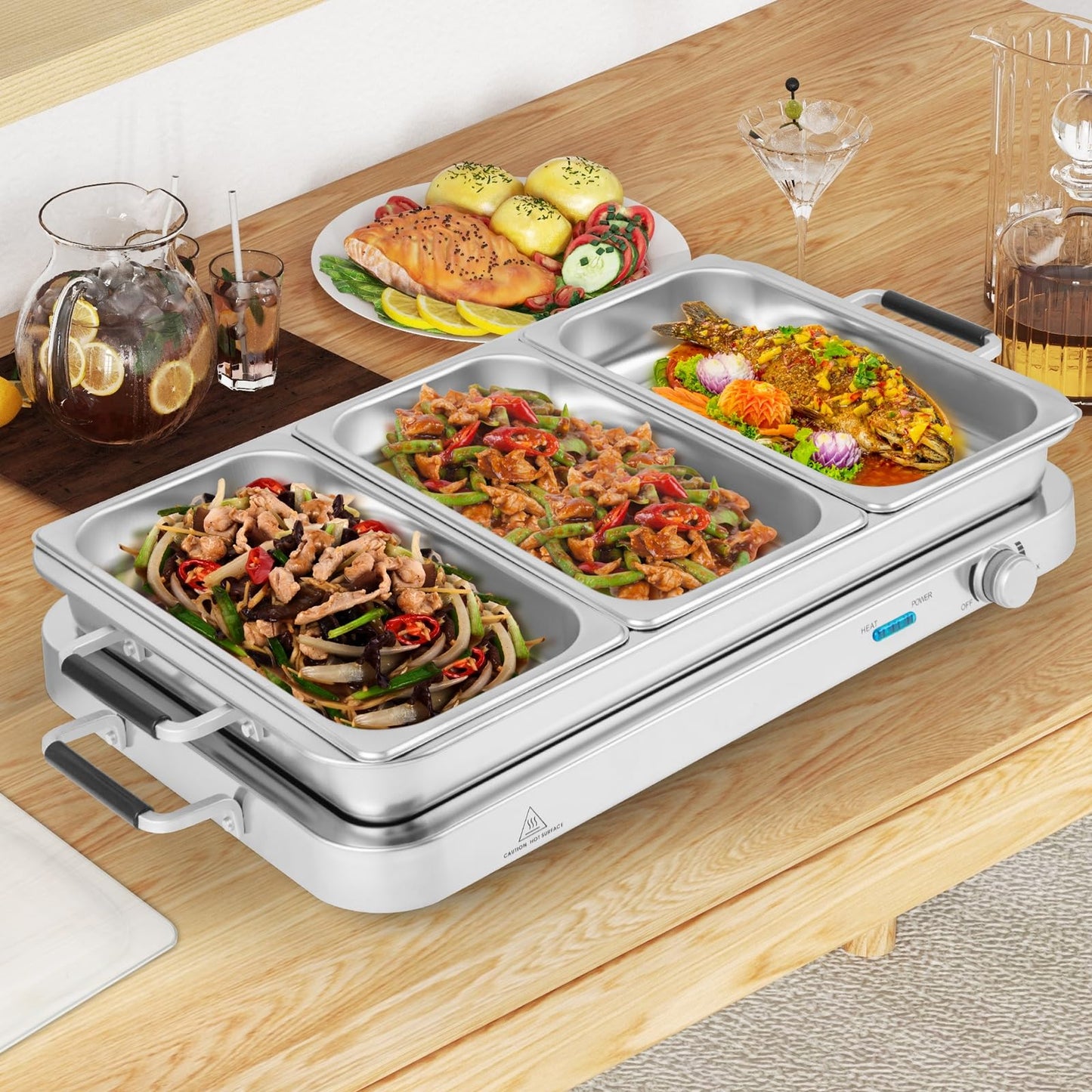 Giantex Buffet Server & Electric Food Warmer, 2-in-1 Food Warming Tray, Adjustable Temperature, 3 Food Pans with Lids, Dishwasher Safe, 8 QT Stainless Steel Chafing Dishes for Parties Holiday Events