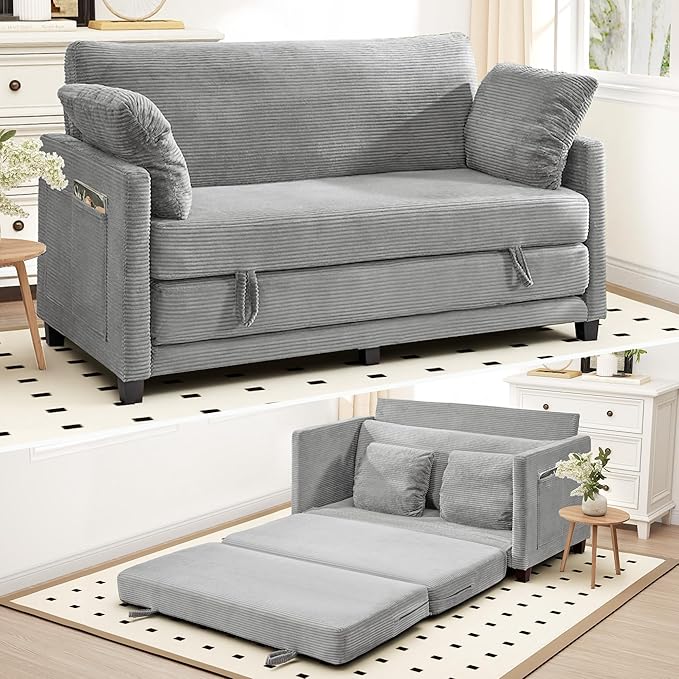 65" Convertible Loveseat Sofa Bed, 2-in-1 Folding Sofa Bed with 2 Pillow for Small Spaces, Modern Loveseat Sleeper Couch for Apartment, Living Room & Guest Room (Light Grey Corduroy, 65 inch)