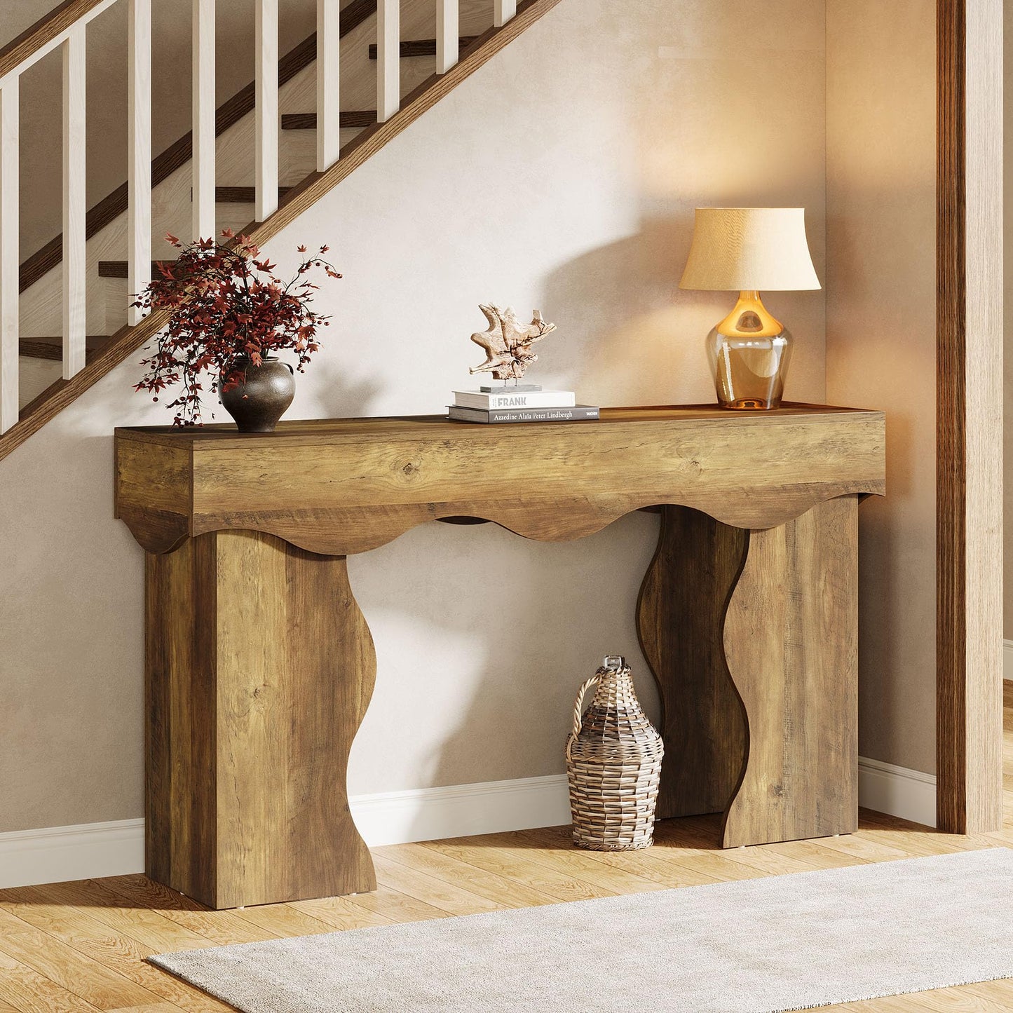 Tribesigns 55.1" Console Table, Farmhouse Entryway Table with Scalloped Edges, for Hallway Foyer Living Room Entrance, Behind Sofa, Brown