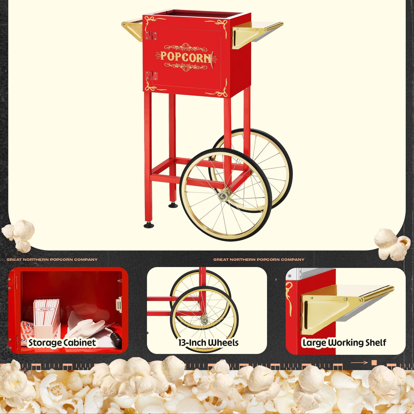 Movie Night Popcorn Machine - 3-Gallon Antique Popper with Cart, 8oz Kettle, Old Maids Drawer, Warming Tray, and Scoop by Great Northern Popcorn (Red)