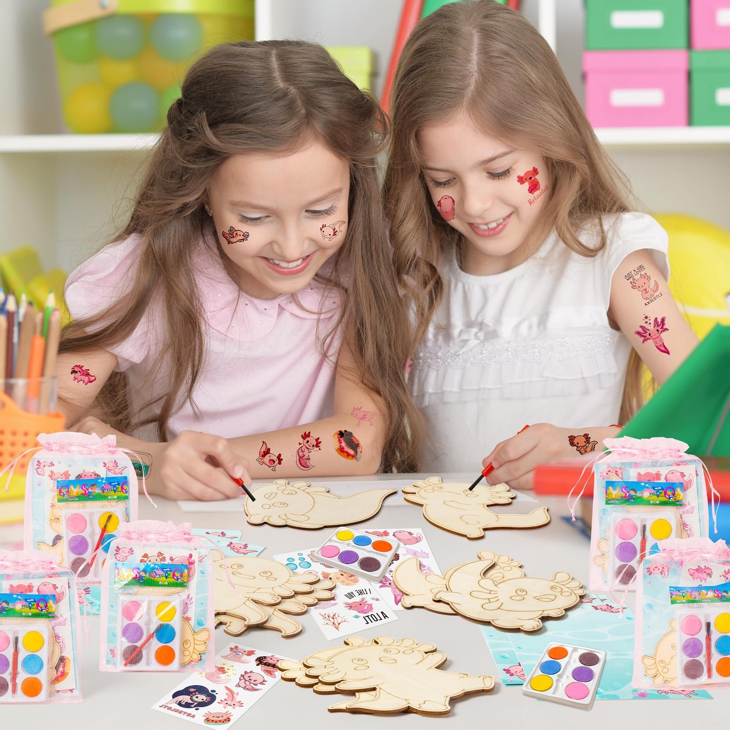 BeYumi Axolotl Party Favors Set - 24Pcs Axolotl Birthday Party Supplies Tattoo Stickers and Watercolor Paint Craft Kit Birthday School Classroom Goodie Bags Stuffers Prize Gifts for Kids Girls Toddler