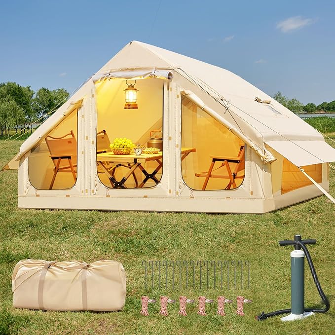 Upgraded Inflatable Camping Tents, 4 Season Blow Up Tent with Stove Jack & Hand Pump Air Glamping Tents for Camping with M...