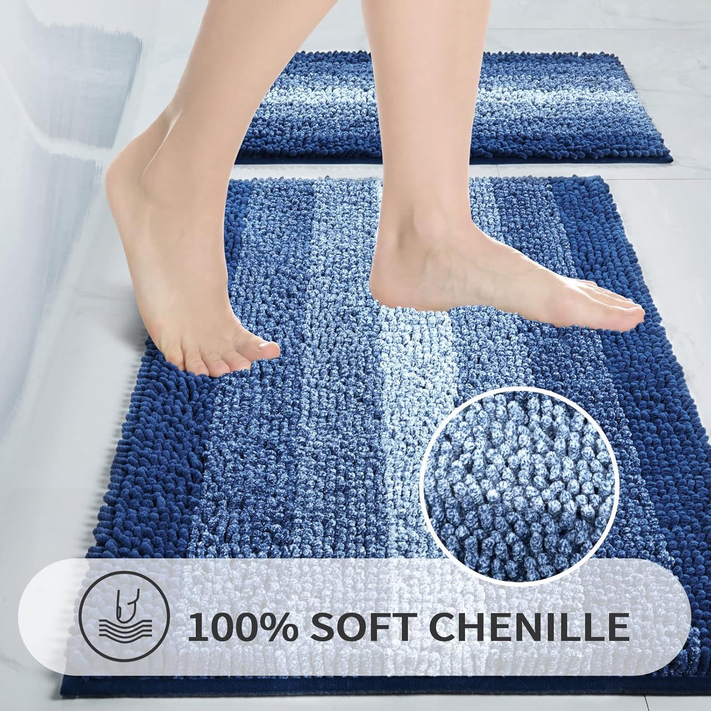 Gibelle Blue Bathroom Rugs, Luxury Chenille Bath Mat, Small Non Slip Shower Rug and Bath Room Floor Mats, Machine Washable, Quick Dry Bathmat, Soft Cozy Plush Rug for Tub, 20" x 32"