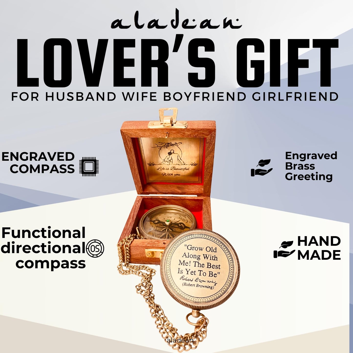 Romantic Gifts for Husband Wife - Brass Compass 2" | Engraved Quote Birthday Wedding Anniversary Christmas Lovers Gifts idea for Boyfriend Girlfriend Men Women Him Her (Grow Old Along with Me)