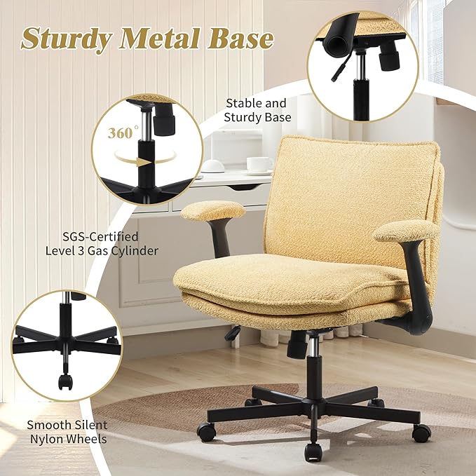 Kassipo Criss Cross Legged Office Chair with Wheels and Flip-Up Arms, Upholstered Criss Cross Desk Chair, Wide Seat Chairs for Home Office, Vanity, Apartment, Yellow