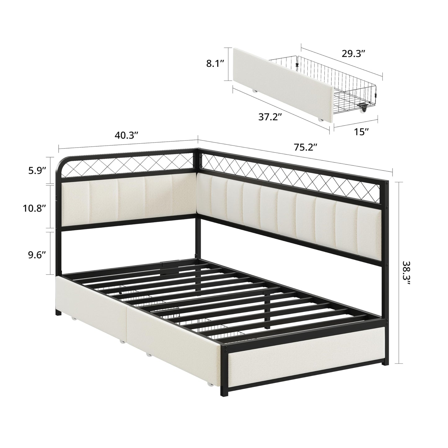 ANCTOR Twin Corner Bed Frame with 2 Storage Drawers, Daybed with LED Lights and Charging Station, Metal Platform Bed Frame for Living Room, Bedroom and Guest Room, Beige