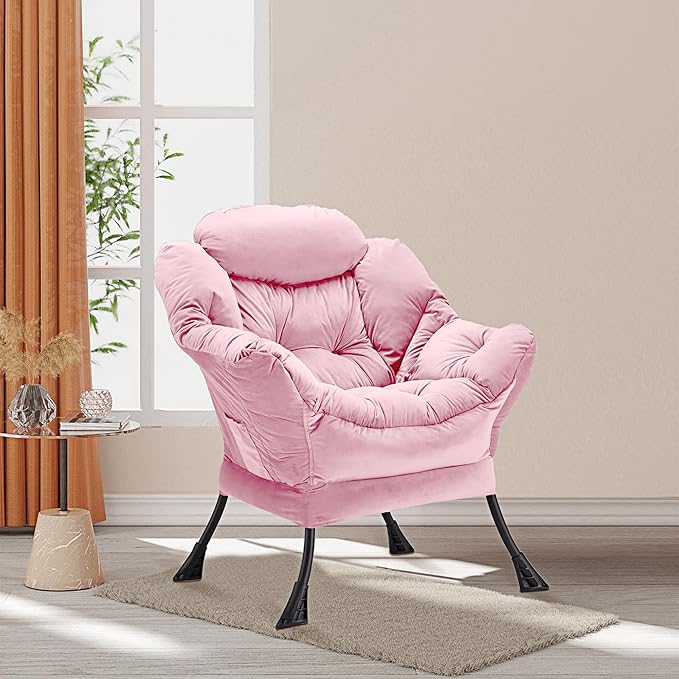 Youtanic Lazy Chair Thick Padded, Comfy Velvet Accent Lounge Chair with Stable Frame, Leisure Sofa Armchair with Armrests and Side Pocket, Reading Chair for Bedroom, Living Room, Office, Pink