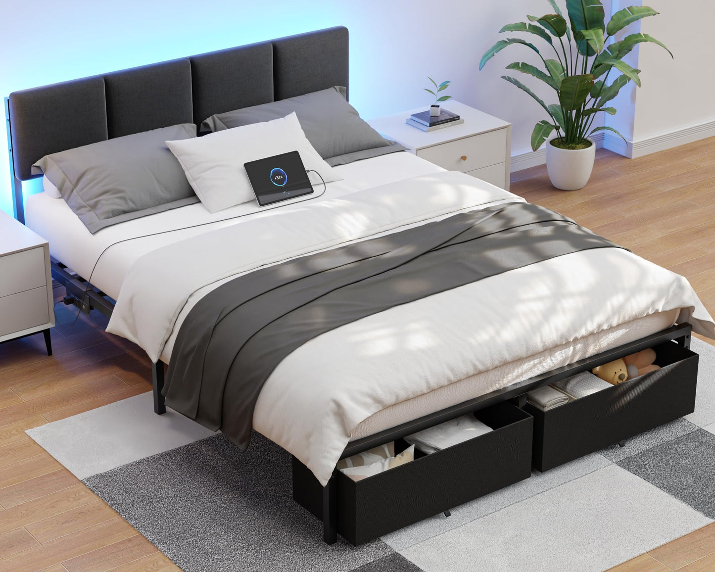 Furnulem Queen Bed Frame with Headboard,Platform Bed Frame Queen Size with 2 Storage Drawer, Upholstered Bedframe with Charger Station and LED Lights