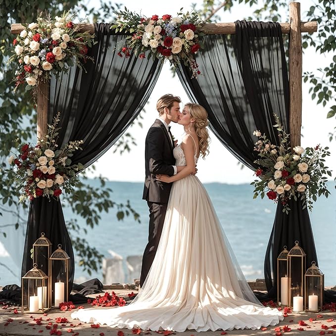 Wedding Arch Draping Fabric, 2 Panels 18FT Black Sheer Backdrop Curtain Chiffon Fabric Drapery Voile Scarf Draping Panels for Wedding Archway Ceremony Curtain Valance Party Decoration