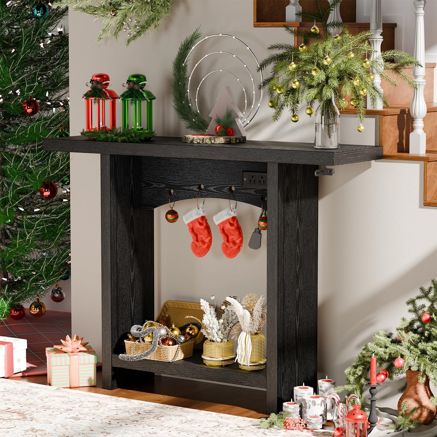 REDAYFUR 43" Console Table with Charging Station, Entryway Table 2-Tier Storage & Power Outlets or Hallway & Living Room, Perfect as Sofa Table Behind Couch, Sturdy Thickened Board & Anti-Tip