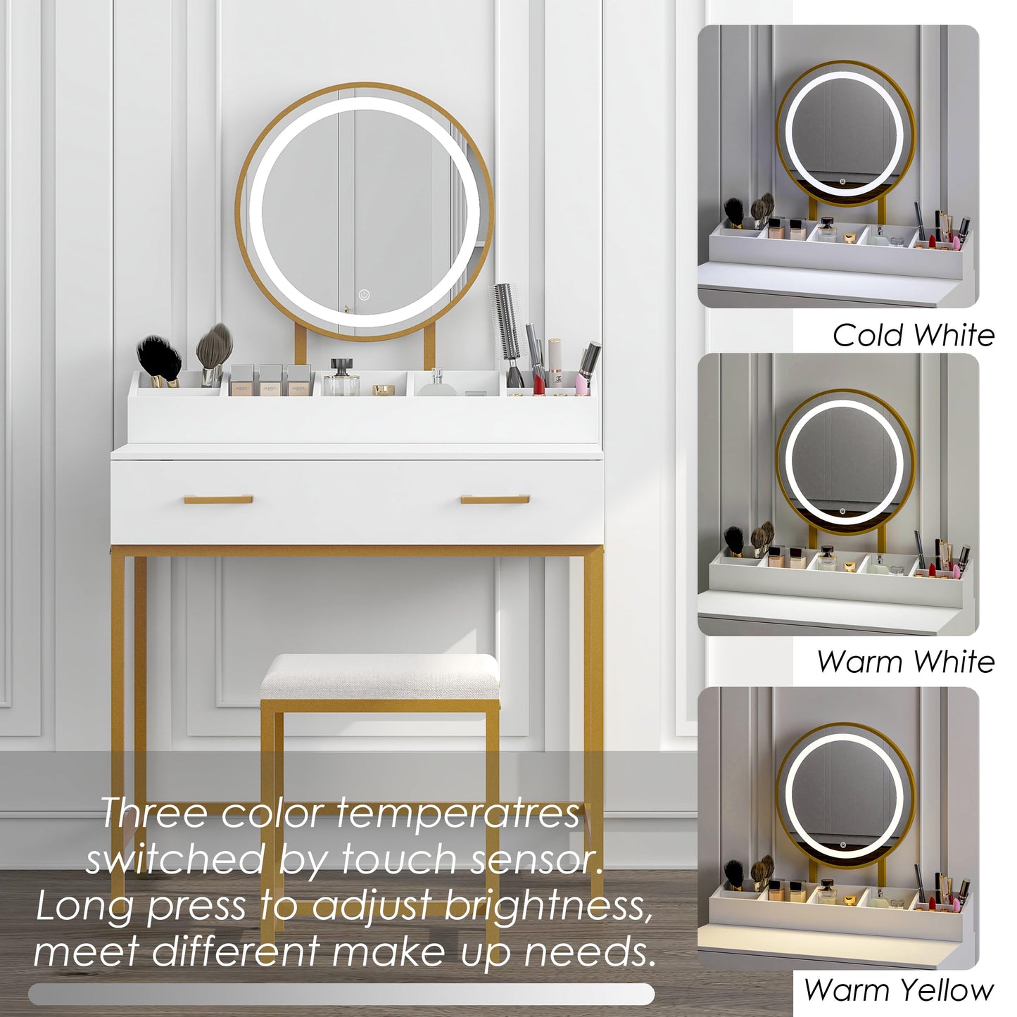 UTEX Makeup Vanity Desk with Mirror and Lights, Makeup Vanity Set with Drawers, Small Dressing Up Table, 3 Lighting Modes Dresser Desk and Cushioned Stool Set for Bedroom White and Gold